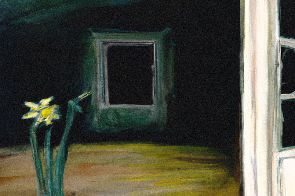 Painting of yellow Flower on dark background by Laurel Blossom